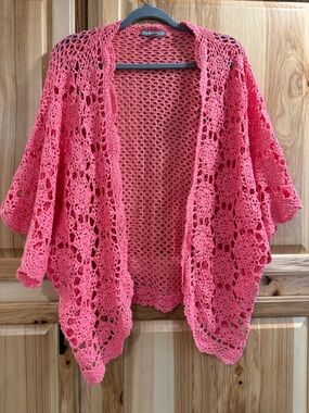 Jessica London Coral Pink Open Crochet Kimono Cardigan Shrug Sz 22/24